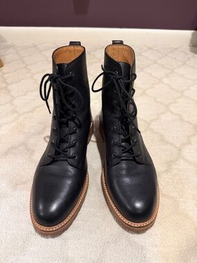 Madewell Black Leather Lace-Up Combat Boots with Tan Welt
